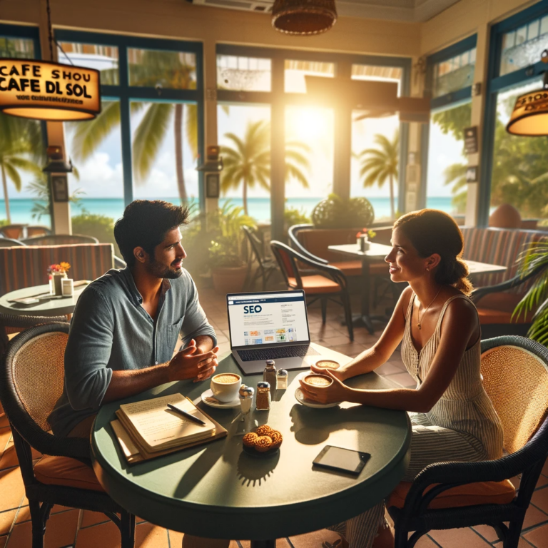 An image depicting two people, a South Asian male and a Caucasian female, sitting at a table in Coffee Shop Cafe Del Sol in the Cayman Islands, engage